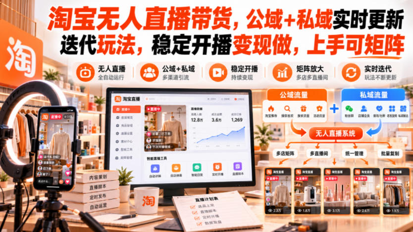 淘宝无人直播带货,公域+私域实时更新迭代玩法,稳定开播变现做,上手可矩阵【揭秘】