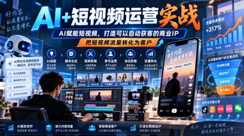 AI+短视频运营实战，AI赋能短视频，打造可以自动获客的商业IP，把短视频流量转化为客户