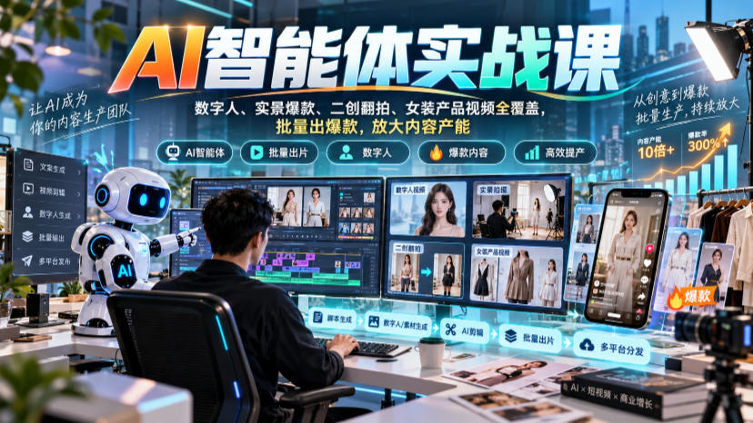 AI智能体实战课，数字人、实景爆款、二创翻拍、女装产品视频全覆盖，批量出爆款，放大内容产能