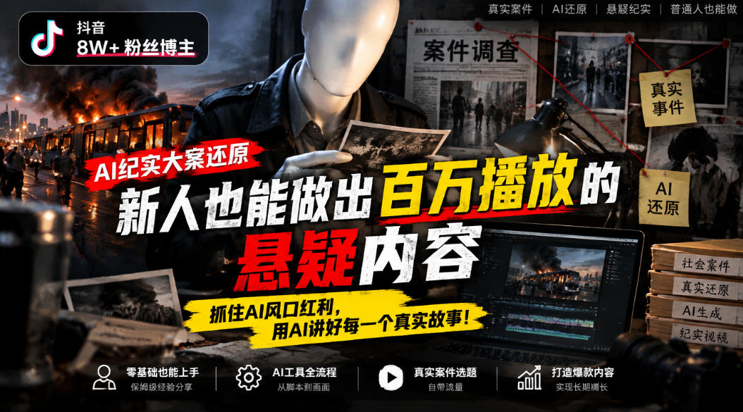 抖音8W粉丝博主的AI纪实大案还原教学，新人也能做出百W播放的悬疑内容，抓住AI风口红利，用AI讲好每一个真实故事（更新1014）