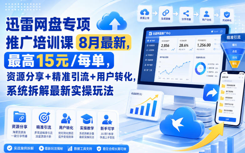 迅雷网盘专项推广培训课9月最新，最高15米/每单，资源分享+精准引流+用户转化，系统拆解最新实操玩法（更新1021）