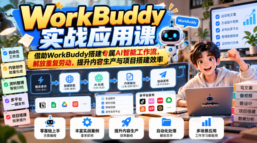 WorkBuddy实战应用课，借助WorkBuddy搭建专属AI智能工作流，解放重复劳动，提升内容生产与项目搭建效率