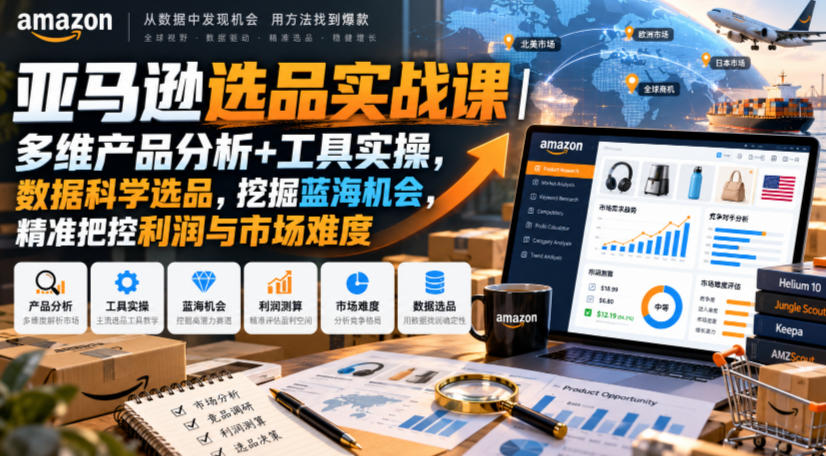 亚马逊选品实战课｜多维产品分析+工具实操，数据科学选品，挖掘蓝海机会，精准把控利润与市场难度