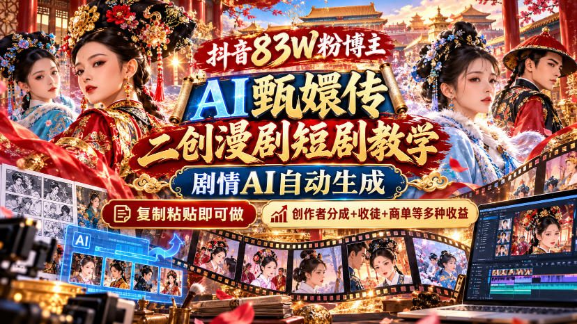 抖音83W粉博主AI甄嬛传二创漫剧短剧教学|剧情AI自动生成,复制粘贴即可做,各大平台创作者分成+收徒等多种收益