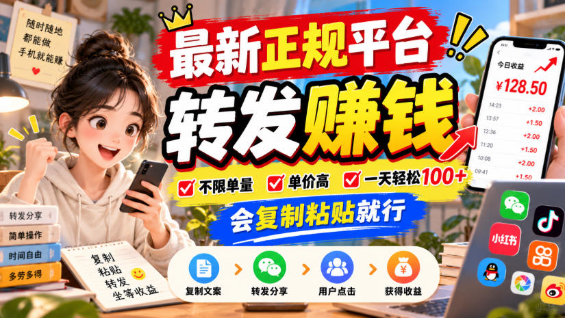 最新正规平台,转发賺钱,不限单量,单价高,一天轻松100+,会复制粘贴就行【揭秘】