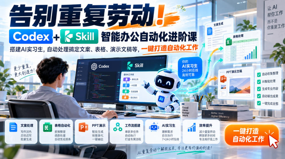 告别重复劳动！Codex+Skill智能办公自动化进阶课｜搭建AI实习生，自动处理搞定文案、表格、演示文稿等，一键打造自动化工作