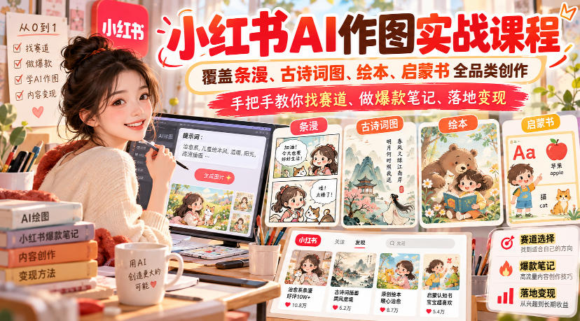 小红书AI作图实战课程，覆盖条漫、古诗词图、绘本、启蒙书全品类创作，手把手教你找赛道、做爆款笔记、落地变现（更新1017）