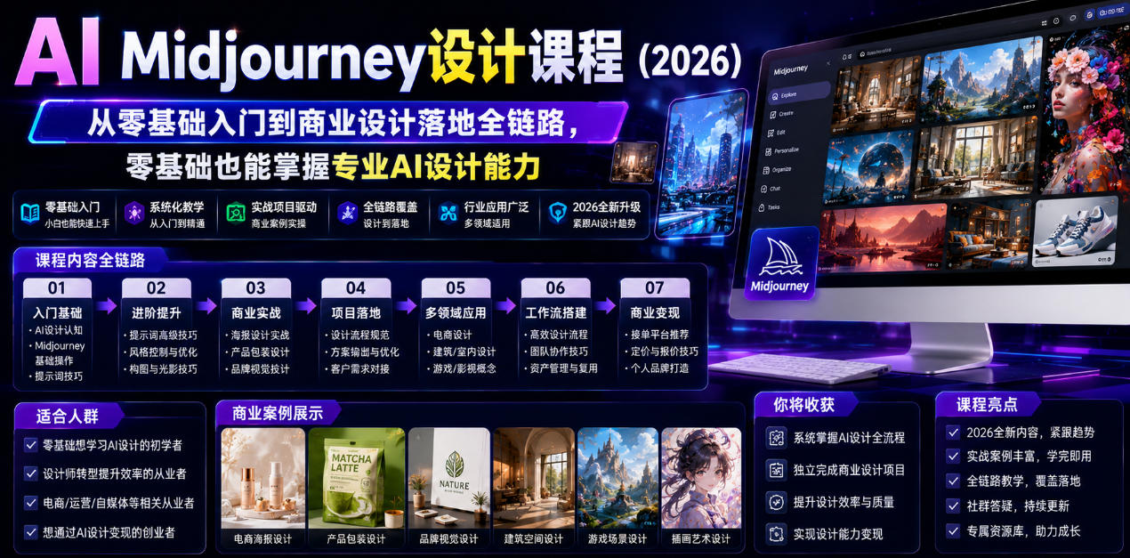 AI Midjourney设计课程（2026），从零基础入门到商业设计落地全链路，零基础也能掌握专业AI设计能力（更新1007）
